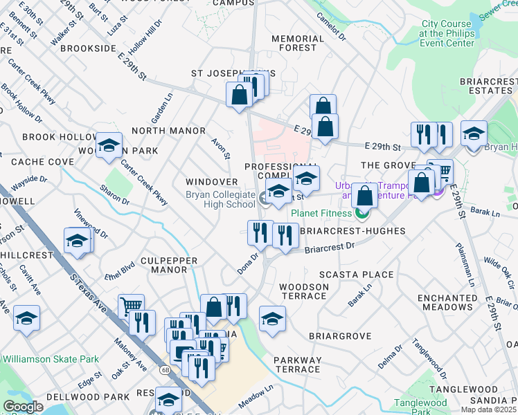 map of restaurants, bars, coffee shops, grocery stores, and more near 1900 East Villa Maria Road in Bryan