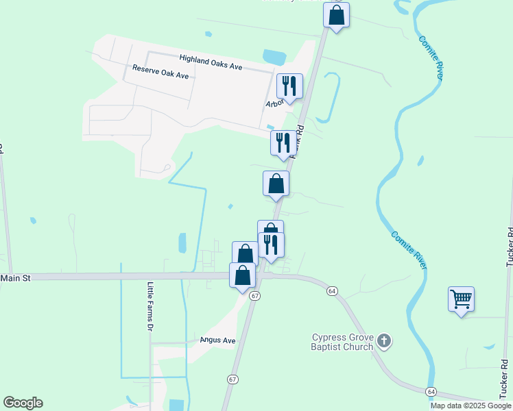map of restaurants, bars, coffee shops, grocery stores, and more near 20411B Plank Road in Zachary