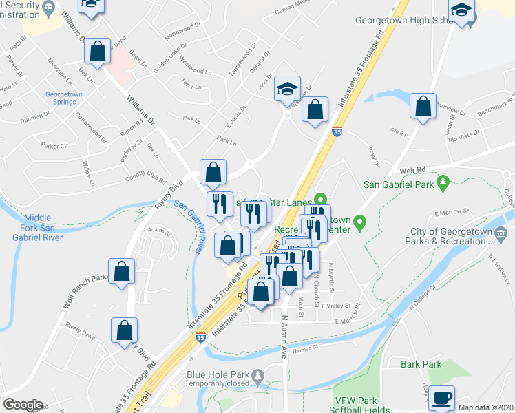 map of restaurants, bars, coffee shops, grocery stores, and more near 1507 Park Lane in Georgetown