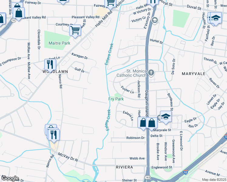 map of restaurants, bars, coffee shops, grocery stores, and more near 1106 West Gimon Circle in Mobile