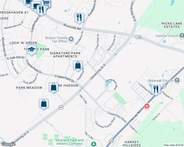 map of restaurants, bars, coffee shops, grocery stores, and more near 3349 University Drive East in Bryan