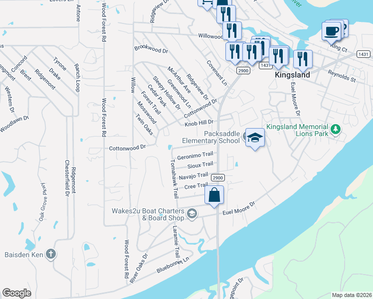 map of restaurants, bars, coffee shops, grocery stores, and more near 1654 Arrow Head Trail in Kingsland
