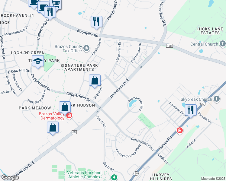 map of restaurants, bars, coffee shops, grocery stores, and more near 3349 University Drive East in Bryan