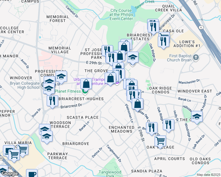 map of restaurants, bars, coffee shops, grocery stores, and more near 1716 Briarcrest Drive in Bryan