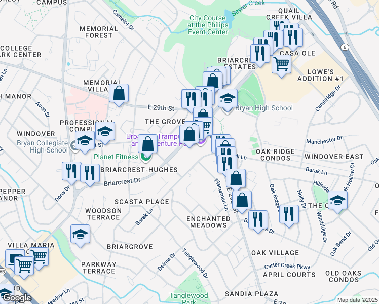 map of restaurants, bars, coffee shops, grocery stores, and more near 1730 Briarcrest Drive in Bryan