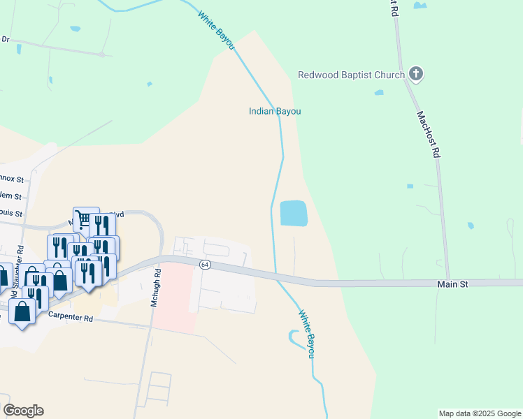 map of restaurants, bars, coffee shops, grocery stores, and more near 6505 Main Street in Zachary
