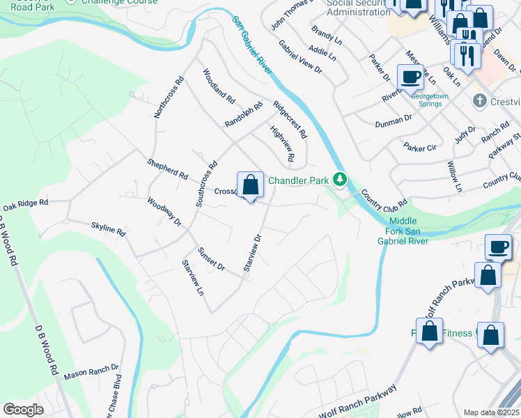 map of restaurants, bars, coffee shops, grocery stores, and more near 300 Starview Drive in Georgetown
