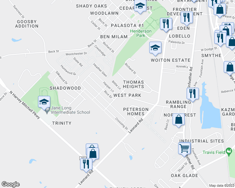 map of restaurants, bars, coffee shops, grocery stores, and more near 1022 Rice Drive in Bryan