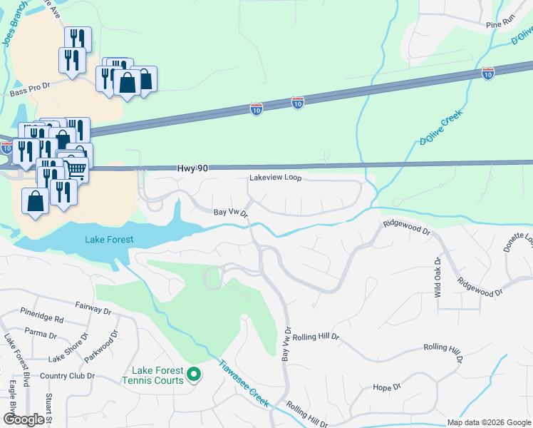 map of restaurants, bars, coffee shops, grocery stores, and more near 110 Lakeview Loop in Daphne