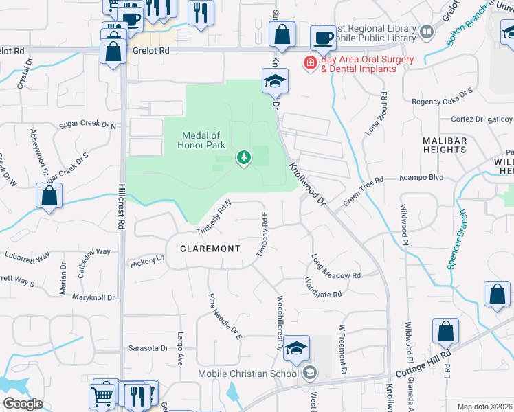 map of restaurants, bars, coffee shops, grocery stores, and more near 1700 Timberly Rd E in Mobile