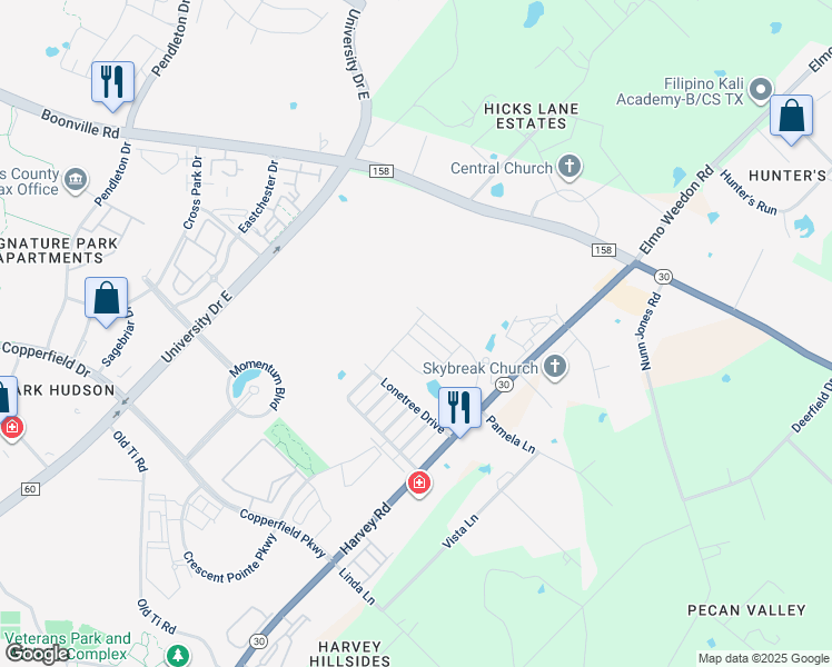 map of restaurants, bars, coffee shops, grocery stores, and more near 1744 Dakota Lane in College Station