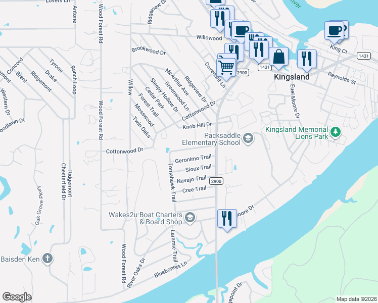 map of restaurants, bars, coffee shops, grocery stores, and more near 1654 Arrow Head Trail in Kingsland