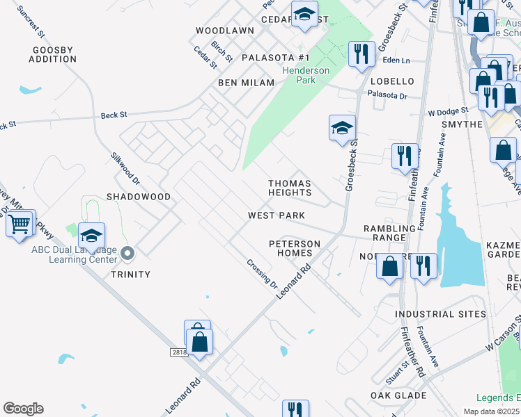 map of restaurants, bars, coffee shops, grocery stores, and more near 1126 Crossing Drive in Bryan