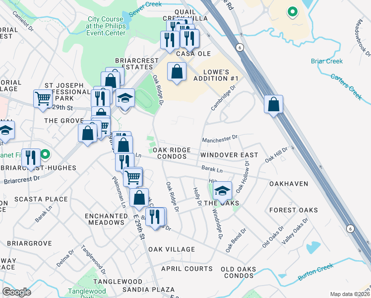 map of restaurants, bars, coffee shops, grocery stores, and more near 2205 Windsor Drive in Bryan