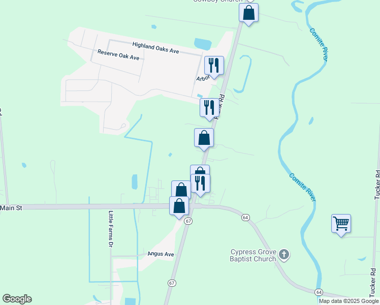map of restaurants, bars, coffee shops, grocery stores, and more near 20411B Plank Road in Zachary