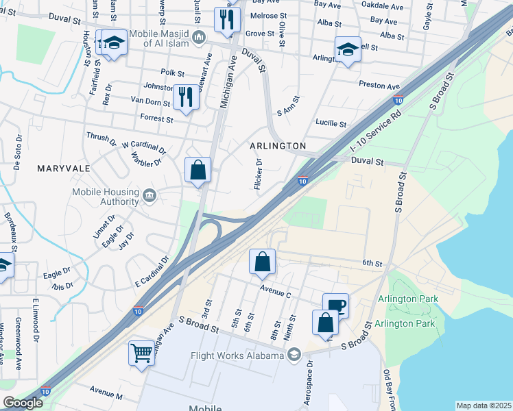 map of restaurants, bars, coffee shops, grocery stores, and more near 1309 Dabney Dr in Mobile