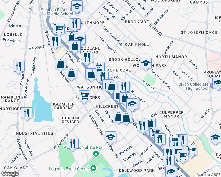 map of restaurants, bars, coffee shops, grocery stores, and more near 1811 Texas 6 Business in Bryan