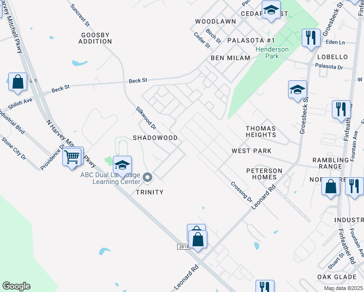 map of restaurants, bars, coffee shops, grocery stores, and more near 501 Silkwood Drive in Bryan