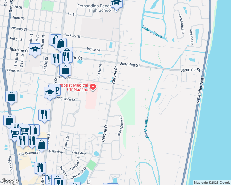 map of restaurants, bars, coffee shops, grocery stores, and more near 1313 Ridge Court in Fernandina Beach