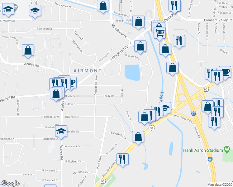 map of restaurants, bars, coffee shops, grocery stores, and more near 3804 Shelly Drive in Mobile
