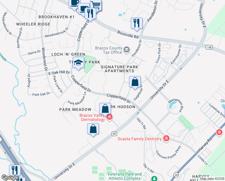 map of restaurants, bars, coffee shops, grocery stores, and more near 3780 Copperfield Drive in Bryan