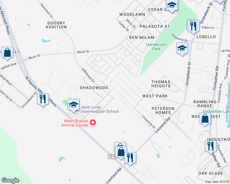 map of restaurants, bars, coffee shops, grocery stores, and more near 505 Silkwood Drive in Bryan