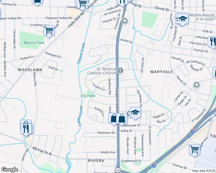 map of restaurants, bars, coffee shops, grocery stores, and more near 1160 Jackson Road in Mobile