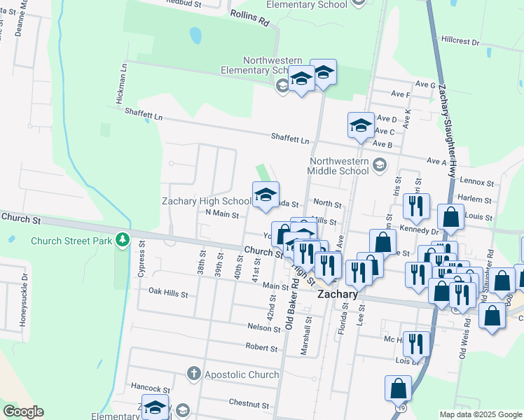 map of restaurants, bars, coffee shops, grocery stores, and more near 4100 School Street in Zachary