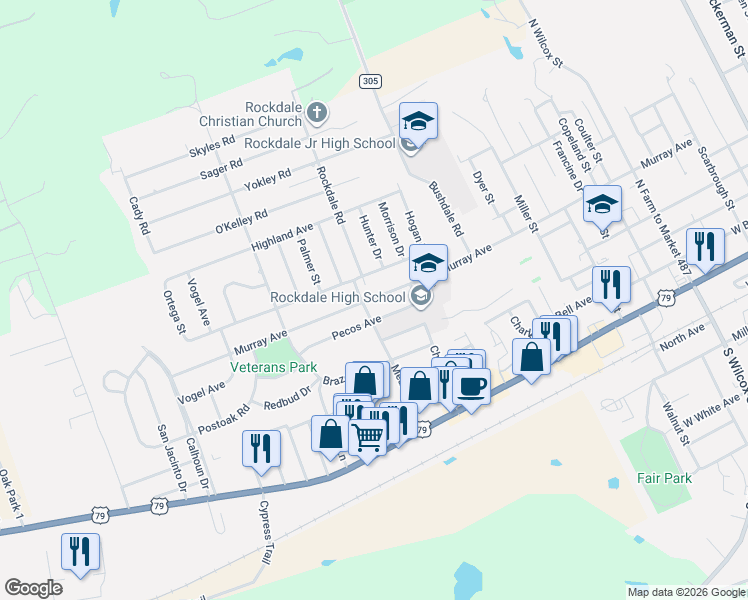 map of restaurants, bars, coffee shops, grocery stores, and more near 503 Meadow Drive in Rockdale