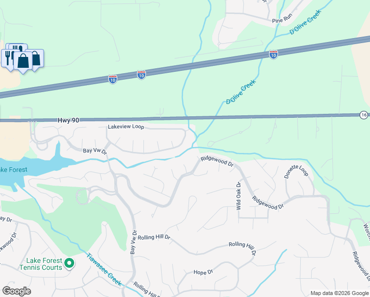 map of restaurants, bars, coffee shops, grocery stores, and more near 106 Mellattau Circle in Daphne