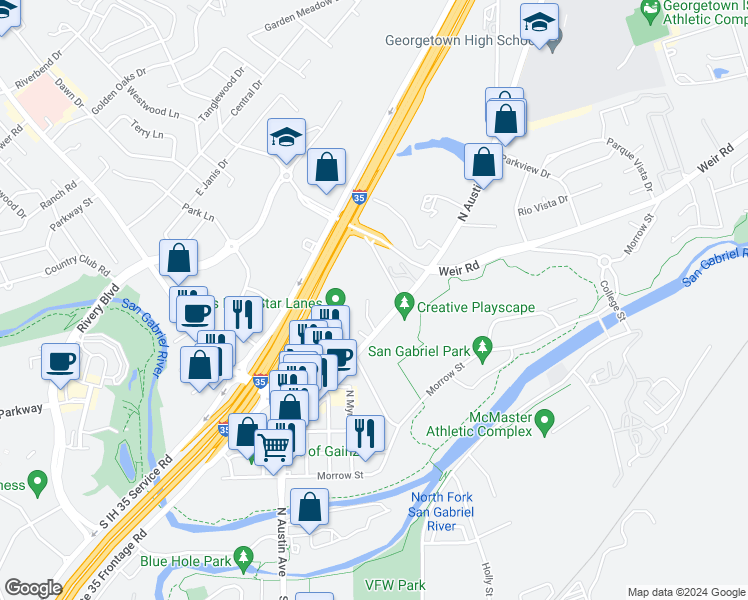 map of restaurants, bars, coffee shops, grocery stores, and more near 320 Apple Creek Drive in Georgetown