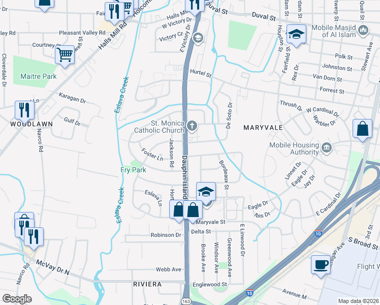 map of restaurants, bars, coffee shops, grocery stores, and more near 1159 Dauphin Island Parkway in Mobile