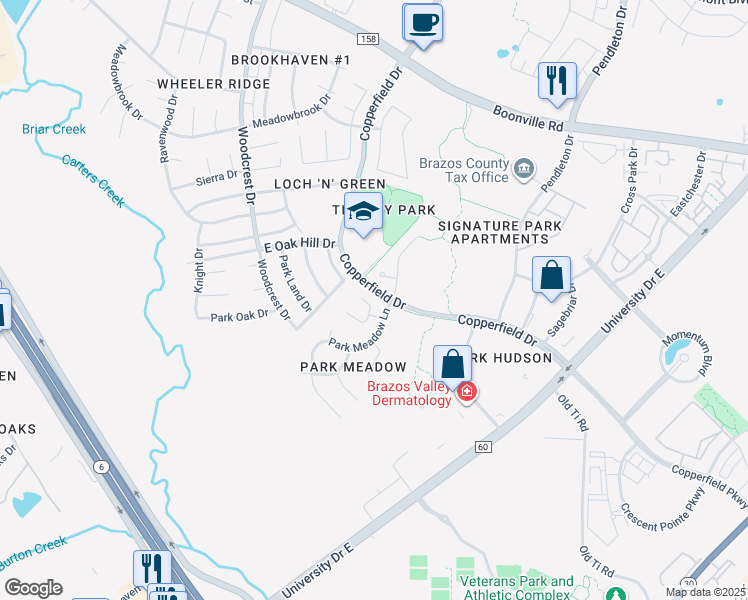 map of restaurants, bars, coffee shops, grocery stores, and more near 3814 Park Meadow Lane in Bryan