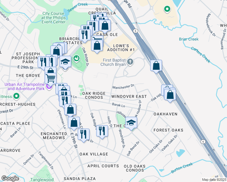 map of restaurants, bars, coffee shops, grocery stores, and more near 2301 Windsor Drive in Bryan