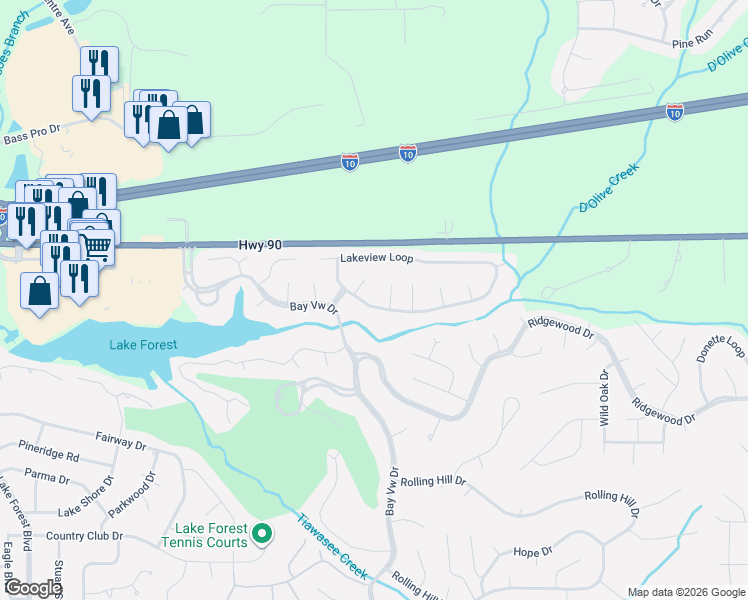 map of restaurants, bars, coffee shops, grocery stores, and more near 110 Lakeview Loop in Daphne