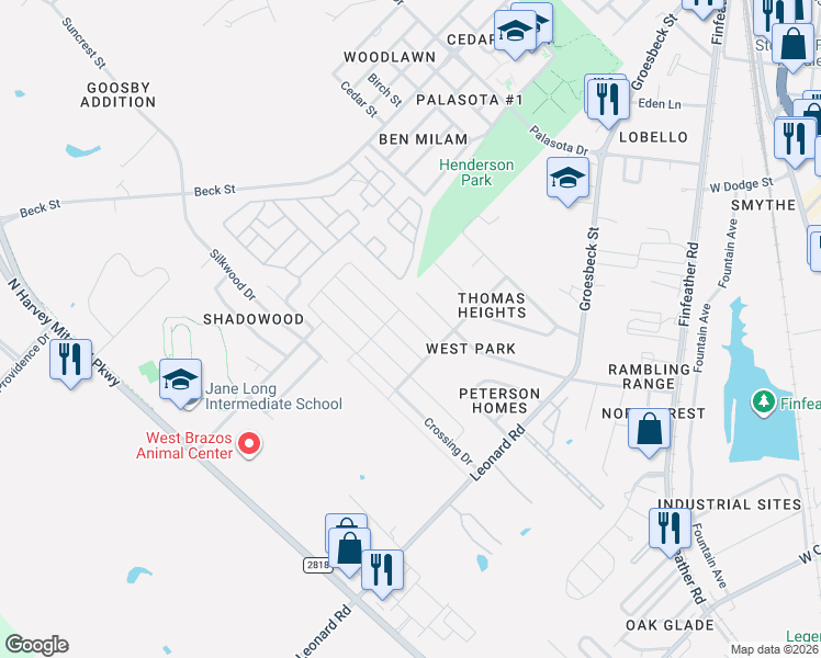 map of restaurants, bars, coffee shops, grocery stores, and more near 1012 Bittle Lane in Bryan