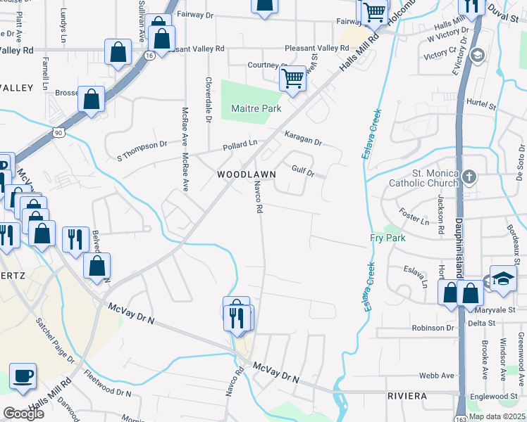 map of restaurants, bars, coffee shops, grocery stores, and more near 957 Navco Road in Mobile