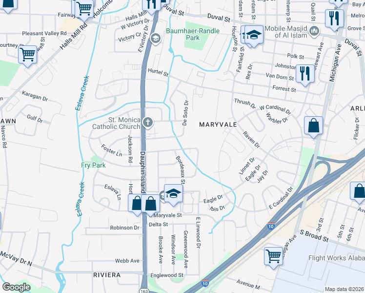 map of restaurants, bars, coffee shops, grocery stores, and more near 1870 North Belle Cour Drive in Mobile