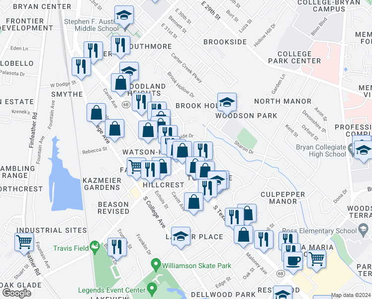 map of restaurants, bars, coffee shops, grocery stores, and more near 1903 Texas Avenue in Bryan