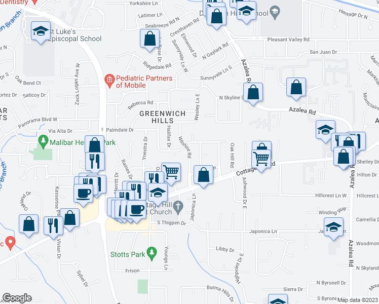 map of restaurants, bars, coffee shops, grocery stores, and more near 704 Wilshire Road in Mobile