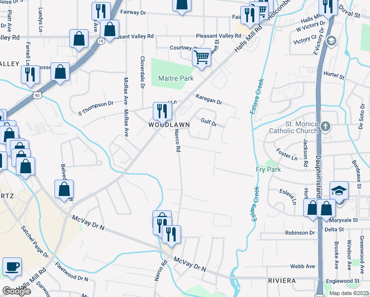 map of restaurants, bars, coffee shops, grocery stores, and more near 2446-2450 Nortons Lane in Mobile