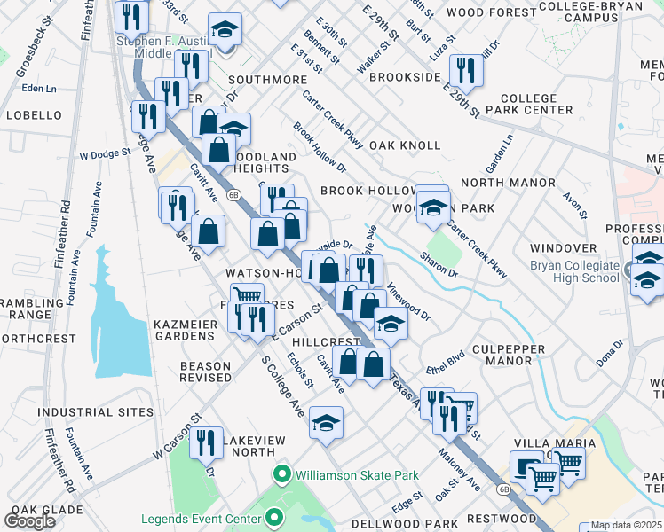 map of restaurants, bars, coffee shops, grocery stores, and more near 510 Avondale Avenue in Bryan