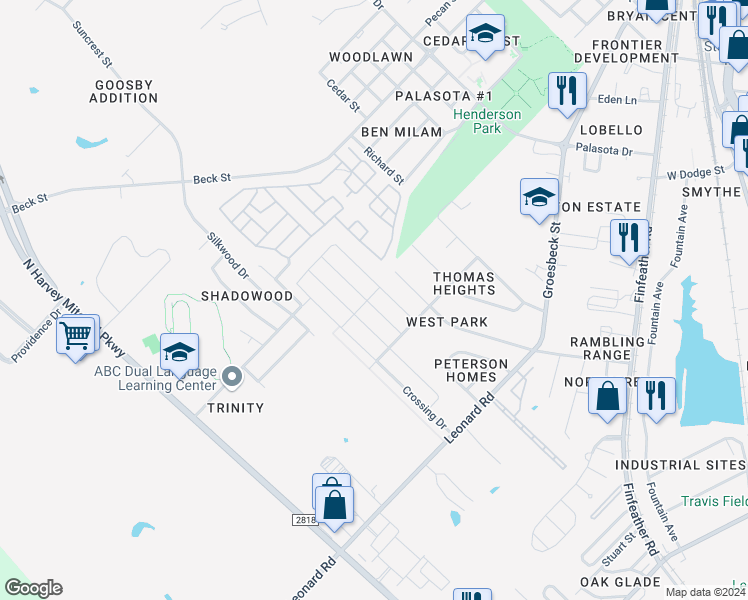map of restaurants, bars, coffee shops, grocery stores, and more near 1021 Rice Drive in Bryan