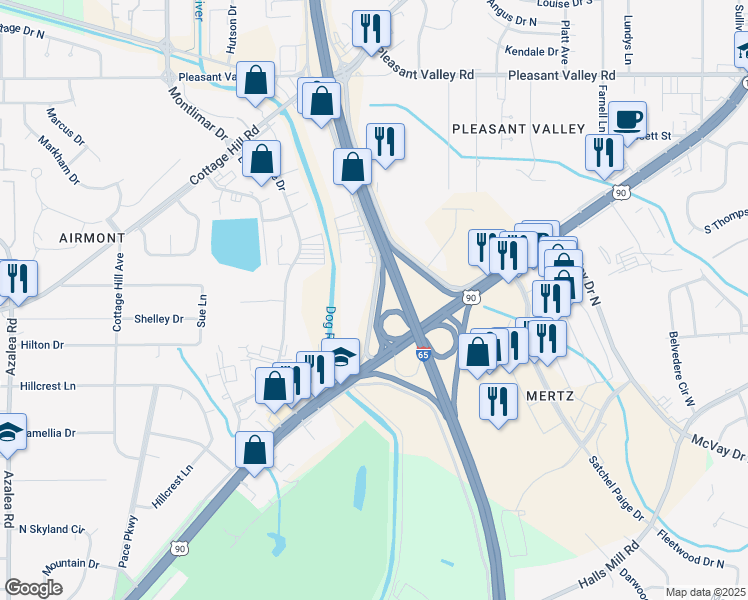 map of restaurants, bars, coffee shops, grocery stores, and more near 2601 West Interstate 65 Service Road South in Mobile