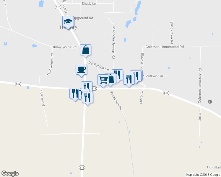 map of restaurants, bars, coffee shops, grocery stores, and more near Mississippi 614 in Moss Point
