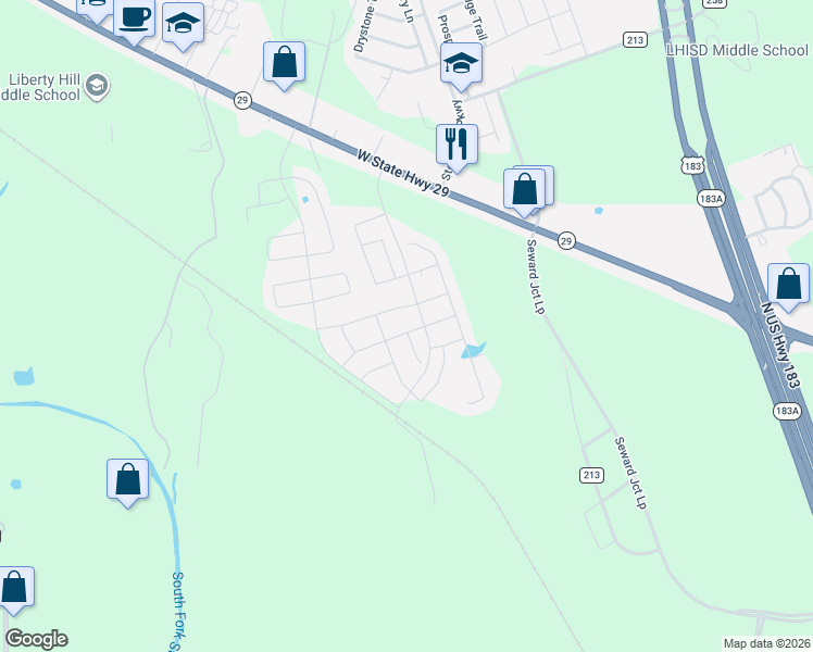 map of restaurants, bars, coffee shops, grocery stores, and more near 205 Freedom Park Avenue in Liberty Hill