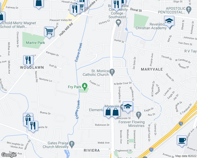map of restaurants, bars, coffee shops, grocery stores, and more near 2059 Zula Lane in Mobile