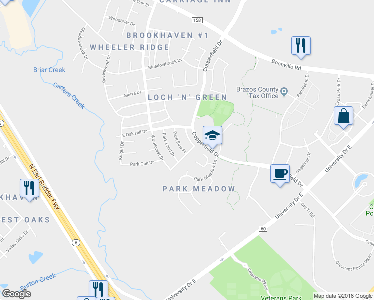 map of restaurants, bars, coffee shops, grocery stores, and more near 4917 Park Row Place in Bryan