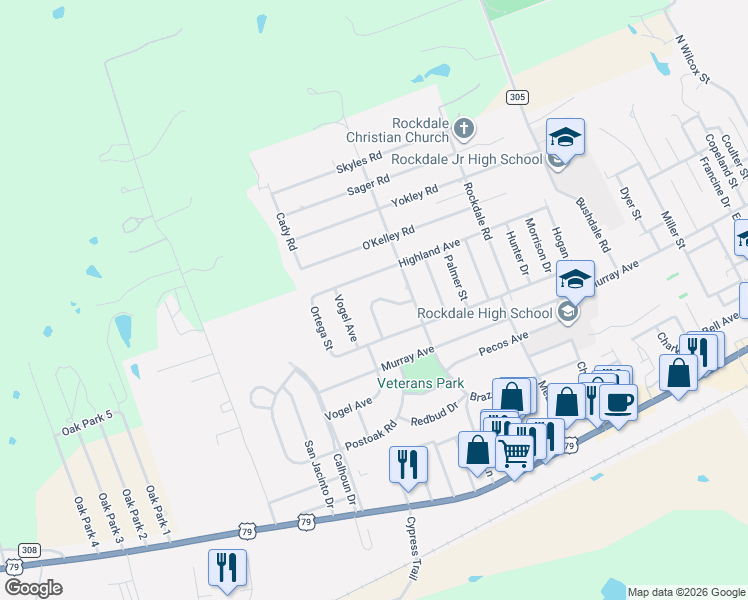 map of restaurants, bars, coffee shops, grocery stores, and more near 1911 Highland Avenue in Rockdale
