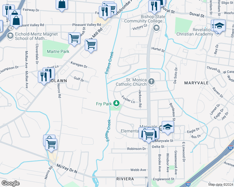map of restaurants, bars, coffee shops, grocery stores, and more near 2103 Holmes Drive in Mobile